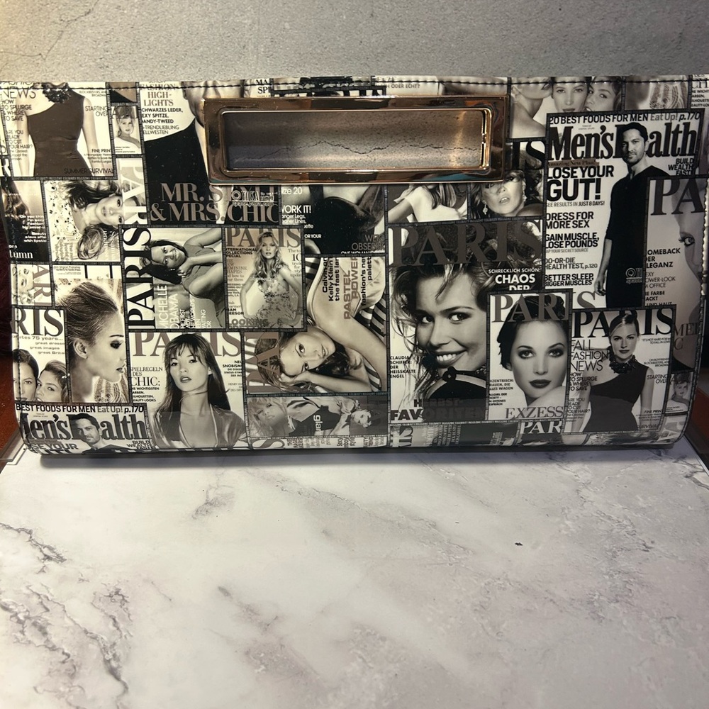 Patent Leather Stylish Black and White Women's Clutch with Gold Chain